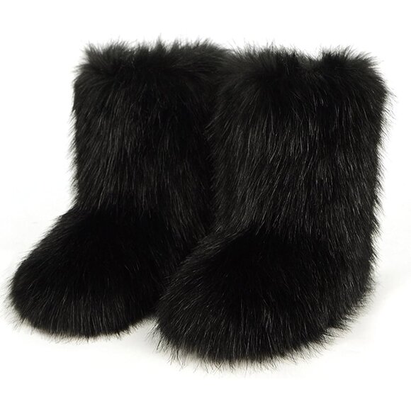 Shoes - Women's Faux Fur Snow Boots Mid Calf Fuzzy Warm Leather Lined Winter Shoe